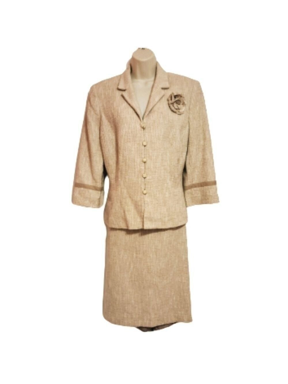 Kasper Beige Woven Blazer Skirt Suit Size 14
